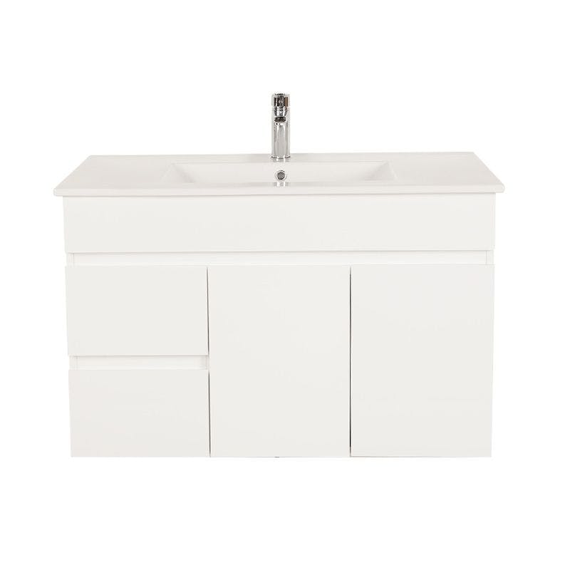 Bianca PVC 90cm Wall Hung Vanity Cabinet (LHD) Gloss White with Ceramic Top