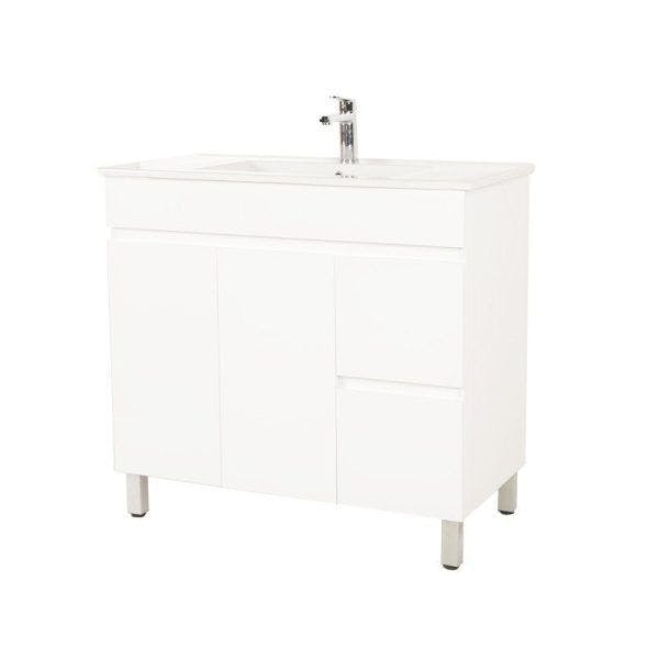 Bianca PVC 90cm Floor Standing Vanity Cabinet (RHD) Gloss White with Ceramic Top