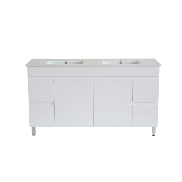 Bianca PVC 150cm Floor Standing Vanity Cabinet Gloss White with Double Bowl Basins